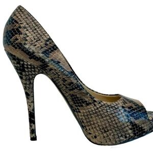 Aldo taupe Brown black snake print peep toe high heel pumps Sz 39/US 8.5